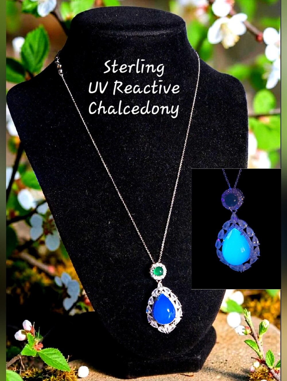 UV-Reactive Sterling Silver Chalcedony & CZ Statement Pendant Necklace
